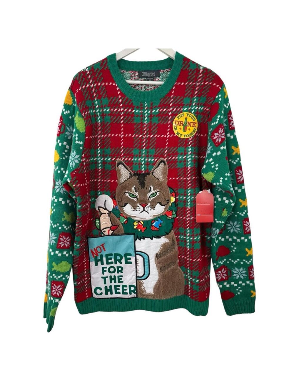 NWT 33 Degrees Women’s Festive Cat Christmas Sweater Size XL